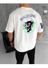 Unisex Bisiklet Yaka Baskılı Oversize T-Shirt - Beyaz