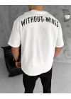 Unisex Bisiklet Yaka Baskılı Oversize T-Shirt - Beyaz