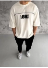 Unisex Bisiklet Yaka Baskılı Oversize T-Shirt - Beyaz