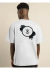 Unisex Bisiklet Yaka Baskılı Oversize T-Shirt - Beyaz