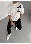 Unisex Bisiklet Yaka Baskılı Oversize T-Shirt - Beyaz