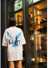 Unisex Bisiklet Yaka Baskılı Oversize T-Shirt - Beyaz