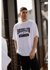 Unisex Bisiklet Yaka Baskılı Oversize T-Shirt - Beyaz