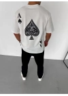 Unisex Bisiklet Yaka Baskılı Oversize T-Shirt - Beyaz