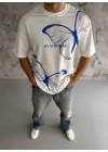 Unisex Bisiklet Yaka Baskılı Oversize T-Shirt - Beyaz