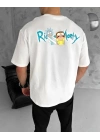 Unisex Bisiklet Yaka Baskılı Oversize T-Shirt - Beyaz
