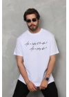 Unisex Bisiklet Yaka Baskılı Oversize T-Shirt - Beyaz