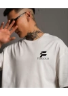 Unisex Bisiklet Yaka Baskılı Oversize T-Shirt - Beyaz