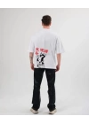 Unisex Bisiklet Yaka Baskılı Oversize T-Shirt - Beyaz