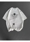Unisex Bisiklet Yaka Baskılı Oversize T-Shirt - Beyaz