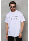Unisex Bisiklet Yaka Baskılı Oversize T-Shirt - Beyaz