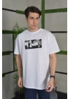 Unisex Bisiklet Yaka Baskılı Oversize T-Shirt - Beyaz