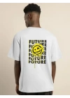 Unisex Bisiklet Yaka Baskılı Oversize T-Shirt - Beyaz