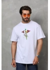 Unisex Bisiklet Yaka Baskılı Oversize T-Shirt - Beyaz