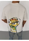 Unisex Bisiklet Yaka Baskılı Oversize T-Shirt - Beyaz