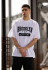 Unisex Bisiklet Yaka Baskılı Oversize T-Shirt - Beyaz