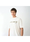 Unisex Bisiklet Yaka Baskılı Oversize T-Shirt - Beyaz