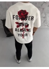 Unisex Bisiklet Yaka Baskılı Oversize T-Shirt - Beyaz