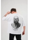Unisex Bisiklet Yaka Baskılı Oversize T-Shirt - Beyaz