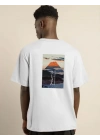 Unisex Bisiklet Yaka Baskılı Oversize T-Shirt - Beyaz