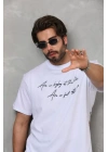 Unisex Bisiklet Yaka Baskılı Oversize T-Shirt - Beyaz