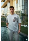 Unisex Bisiklet Yaka Baskılı Oversize T-Shirt - Boyalı Gri