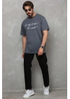 Unisex Bisiklet Yaka Baskılı Oversize T-Shirt - Füme