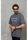 Unisex Bisiklet Yaka Baskılı Oversize T-Shirt - Füme