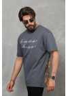 Unisex Bisiklet Yaka Baskılı Oversize T-Shirt - Füme