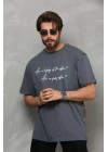 Unisex Bisiklet Yaka Baskılı Oversize T-Shirt - Füme