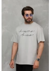 Unisex Bisiklet Yaka Baskılı Oversize T-Shirt - Gri