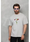 Unisex Bisiklet Yaka Baskılı Oversize T-Shirt - Gri