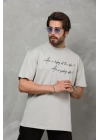 Unisex Bisiklet Yaka Baskılı Oversize T-Shirt - Gri