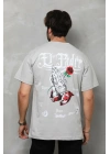 Unisex Bisiklet Yaka Baskılı Oversize T-Shirt - Gri