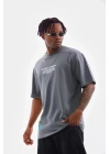 Unisex Bisiklet Yaka Baskılı Oversize T-Shirt - Gri
