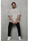 Unisex Bisiklet Yaka Baskılı Oversize T-Shirt - Gri