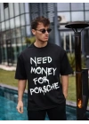 Unisex Bisiklet Yaka Baskılı Oversize T-Shirt - Siyah