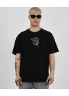 Unisex Bisiklet Yaka Baskılı Oversize T-Shirt - Siyah