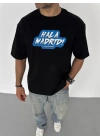 Unisex Bisiklet Yaka Baskılı Oversize T-Shirt - Siyah