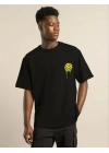 Unisex Bisiklet Yaka Baskılı Oversize T-Shirt - Siyah
