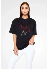 Unisex Bisiklet Yaka Baskılı Oversize T-Shirt - Siyah