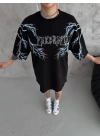 Unisex Bisiklet Yaka Baskılı Oversize T-Shirt - Siyah