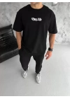 Unisex Bisiklet Yaka Baskılı Oversize T-Shirt - Siyah