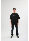 Unisex Bisiklet Yaka Baskılı Oversize T-Shirt - Siyah