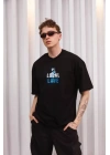 Unisex Bisiklet Yaka Baskılı Oversize T-Shirt - Siyah