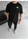 Unisex Bisiklet Yaka Baskılı Oversize T-Shirt - Siyah