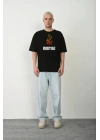Unisex Bisiklet Yaka Baskılı Oversize T-Shirt - Siyah