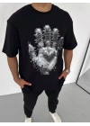 Unisex Bisiklet Yaka Baskılı Oversize T-Shirt - Siyah
