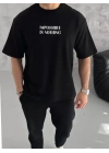Unisex Bisiklet Yaka Baskılı Oversize T-Shirt - Siyah