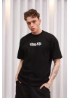 Unisex Bisiklet Yaka Baskılı Oversize T-Shirt - Siyah